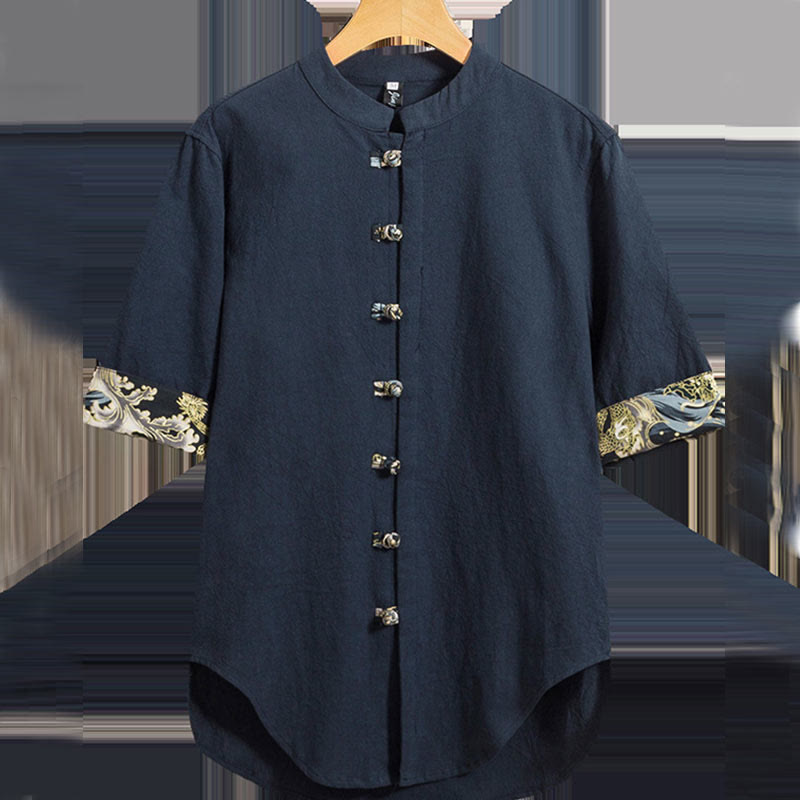 Camicia a mezza manica con bottoni a rana e onde di drago color block da uomo Buddha Buddha Stones