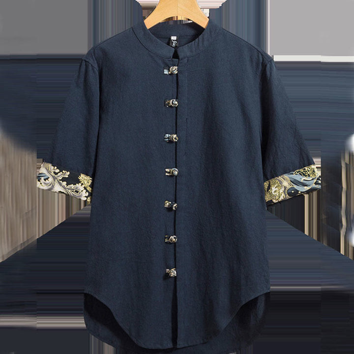 Camicia a mezza manica con bottoni a rana e onde di drago color block da uomo Buddha Buddha Stones