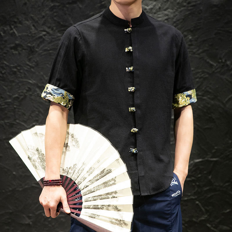 Camicia a mezza manica con bottoni a rana e onde di drago color block da uomo Buddha Buddha Stones