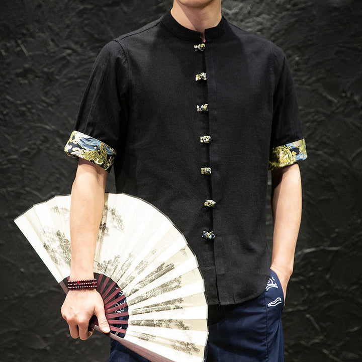 Camicia a mezza manica con bottoni a rana e onde di drago color block da uomo Buddha Buddha Stones