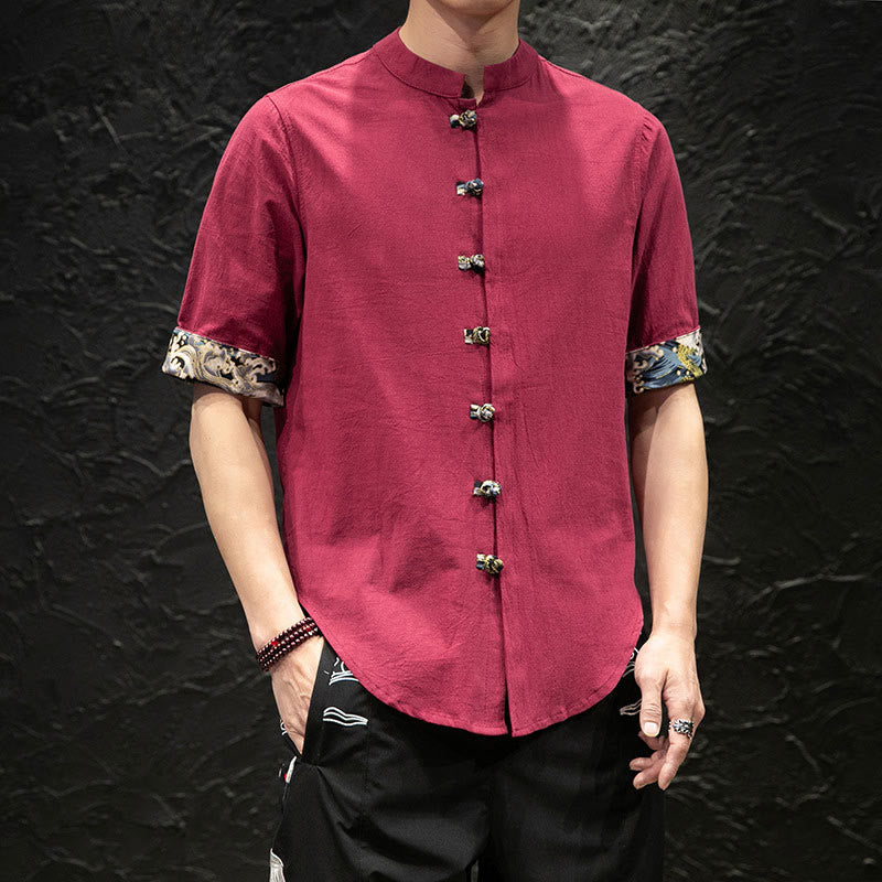 Camicia a mezza manica con bottoni a rana e onde di drago color block da uomo Buddha Buddha Stones