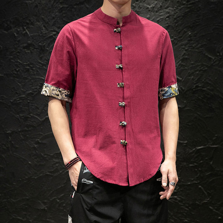 Camicia a mezza manica con bottoni a rana e onde di drago color block da uomo Buddha Buddha Stones