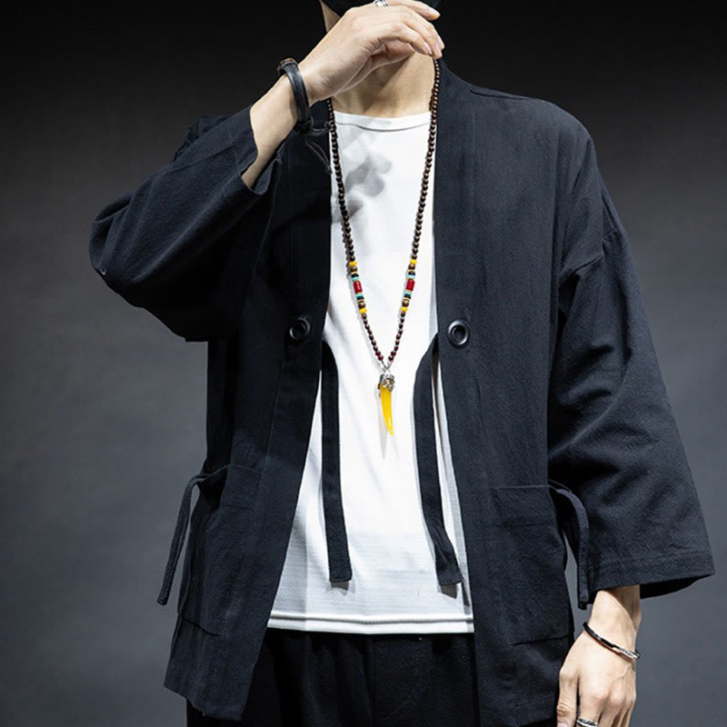 Giacca da uomo in cotone con lacci e apertura frontale tinta unita Buddha Stones - image 9