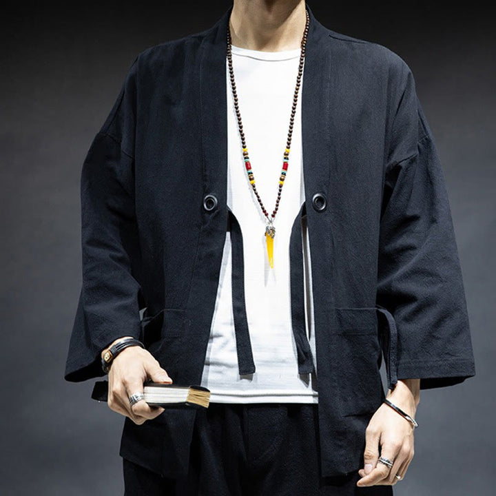 Giacca da uomo in cotone con lacci e apertura frontale tinta unita Buddha Stones - image 8