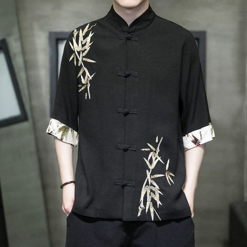 Camicia a maniche corte in lino di bambù con bottoni a rana da uomo Buddha Stones