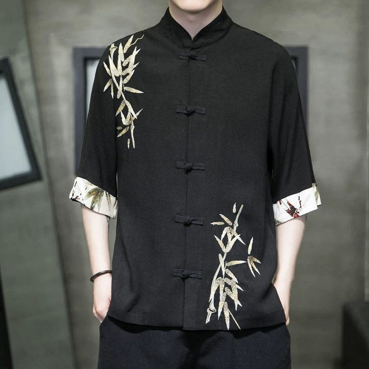 Camicia a maniche corte in lino di bambù con bottoni a rana da uomo Buddha Stones