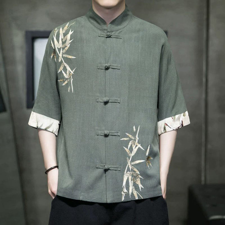 Camicia a maniche corte in lino di bambù con bottoni a rana da uomo Buddha Stones