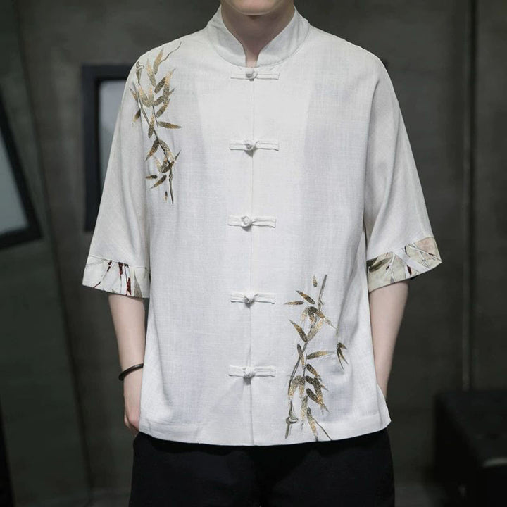Camicia a maniche corte in lino di bambù con bottoni a rana da uomo Buddha Stones