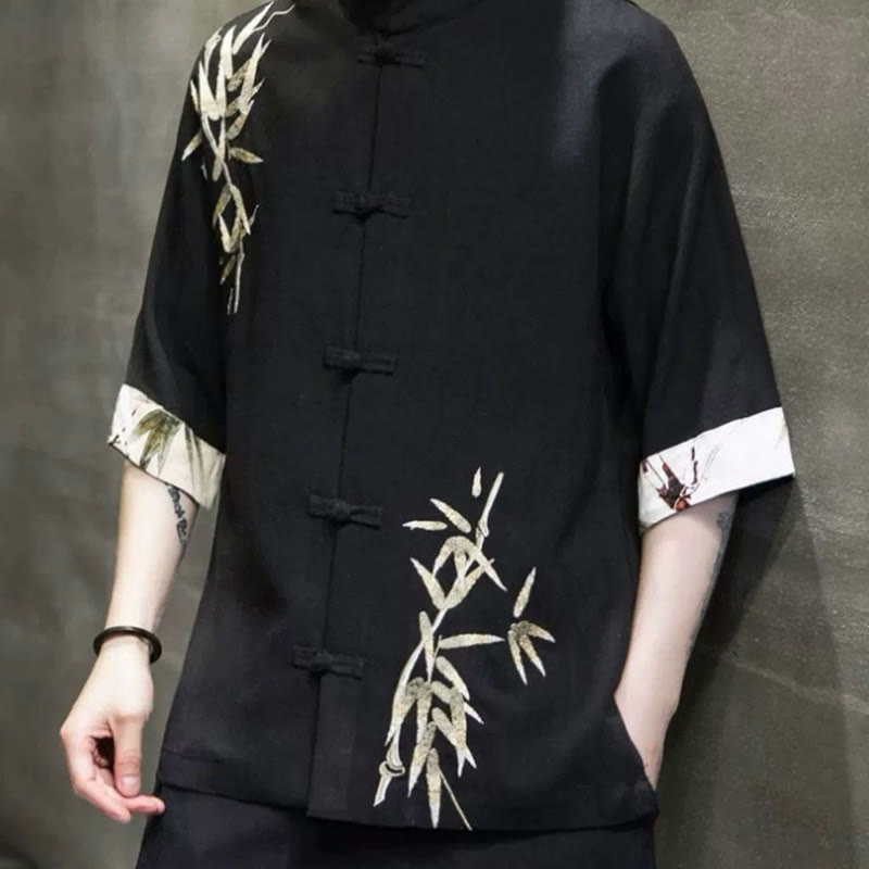 Camicia a maniche corte in lino di bambù con bottoni a rana da uomo Buddha Stones