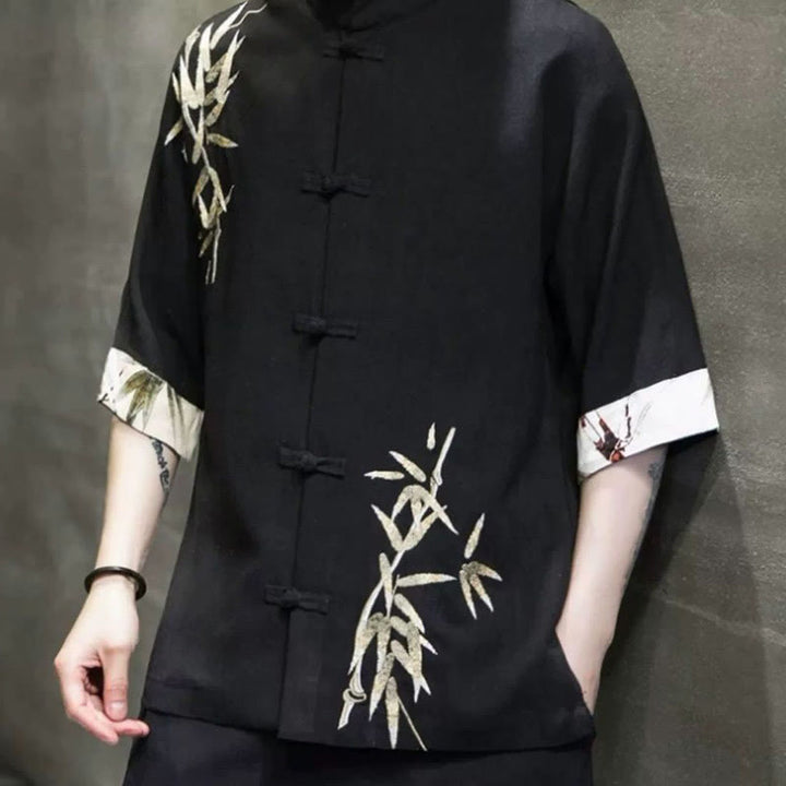 Camicia a maniche corte in lino di bambù con bottoni a rana da uomo Buddha Stones