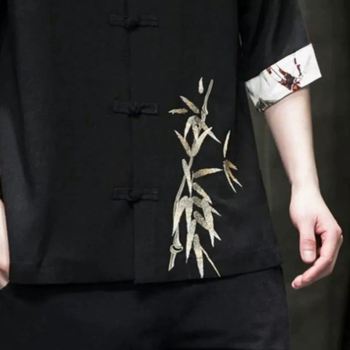 Camicia a maniche corte in lino di bambù con bottoni a rana da uomo Buddha Stones