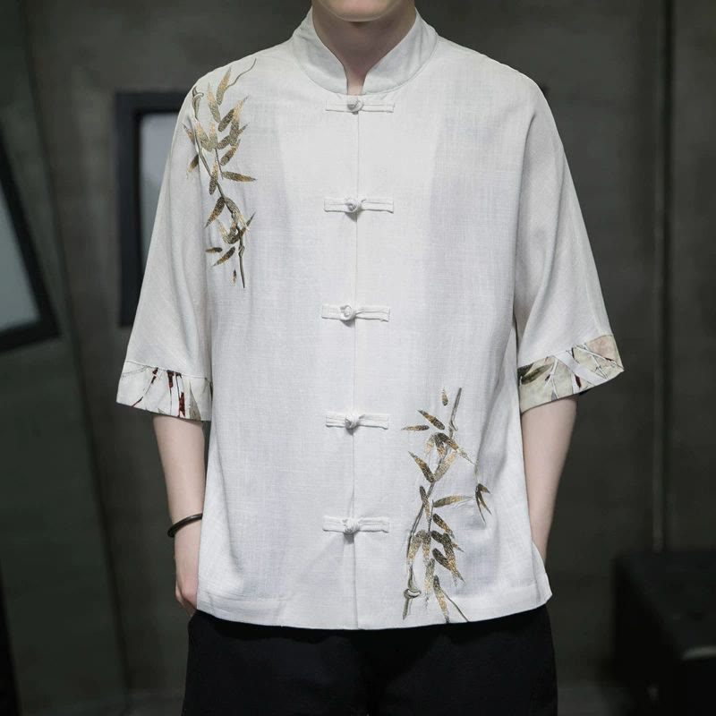 Camicia a maniche corte in lino di bambù con bottoni a rana da uomo Buddha Stones - Bianco - US/UK/AU42, EU52 (3XL) - image 0