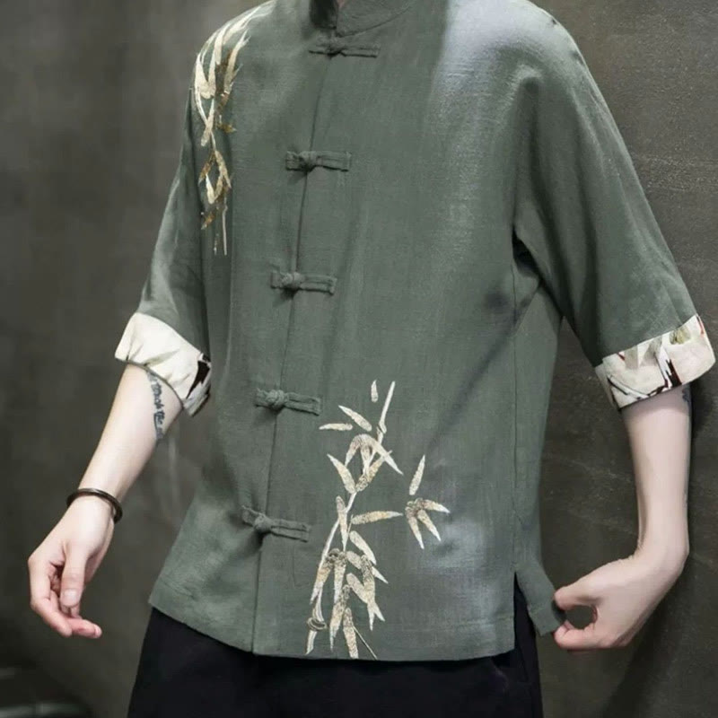 Camicia a maniche corte in lino di bambù con bottoni a rana da uomo Buddha Stones
