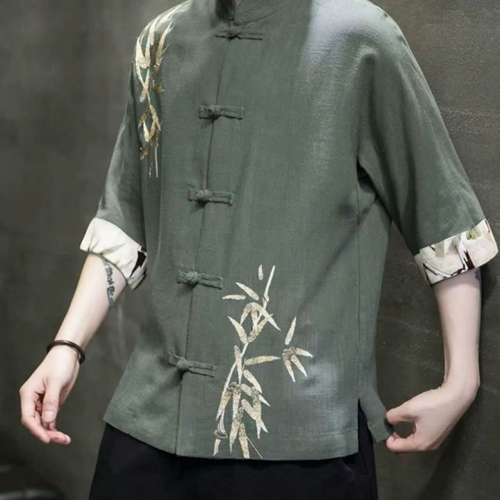 Camicia a maniche corte in lino di bambù con bottoni a rana da uomo Buddha Stones