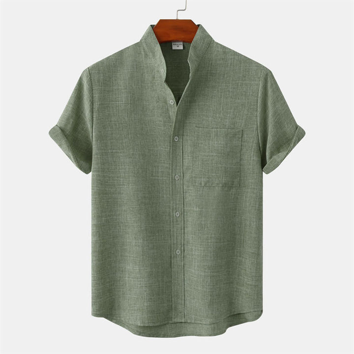 Camicia da uomo estiva Buddha Stones con bottoni e maniche corte in cotone e lino con tasca