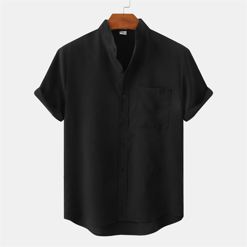 Camicia da uomo estiva Buddha Stones con bottoni e maniche corte in cotone e lino con tasca