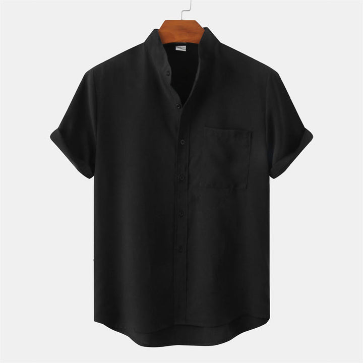 Camicia da uomo estiva Buddha Stones con bottoni e maniche corte in cotone e lino con tasca