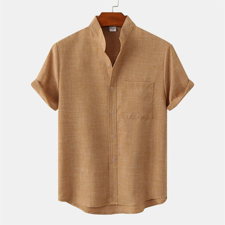 Camicia da uomo estiva Buddha Stones con bottoni e maniche corte in cotone e lino con tasca