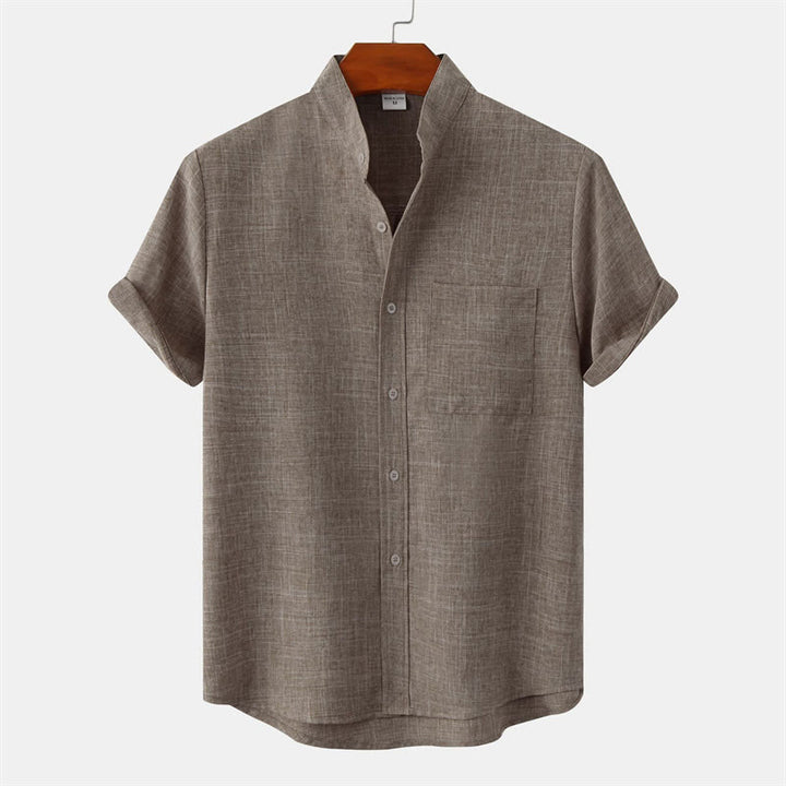 Camicia da uomo estiva Buddha Stones con bottoni e maniche corte in cotone e lino con tasca