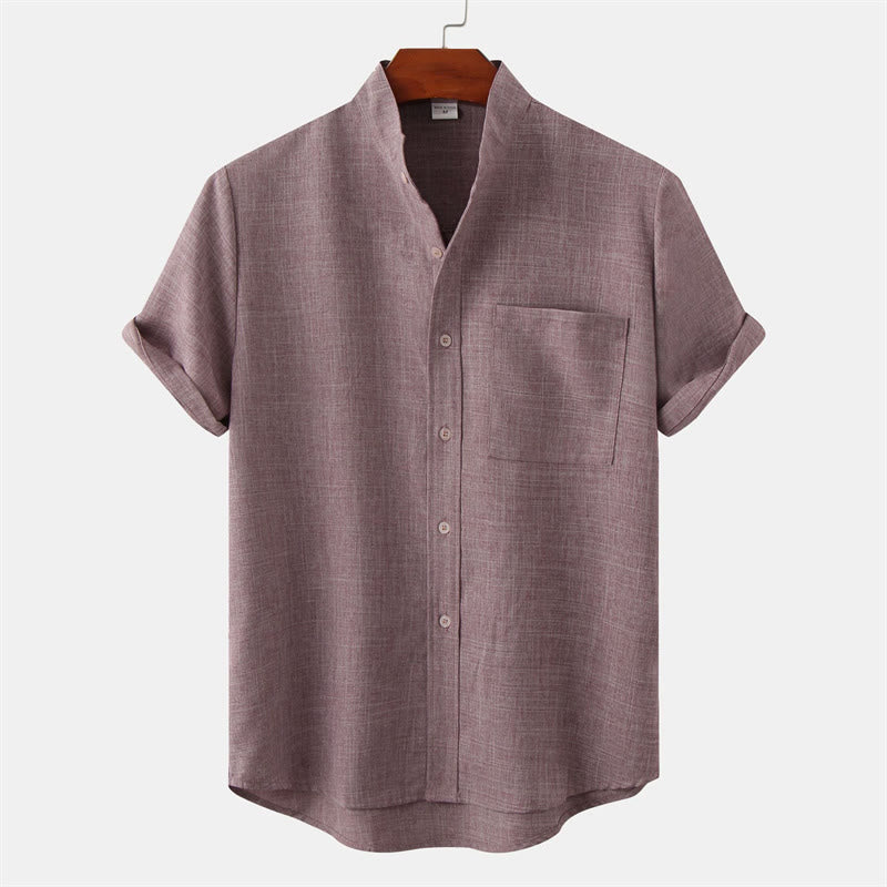 Camicia da uomo estiva Buddha Stones con bottoni e maniche corte in cotone e lino con tasca