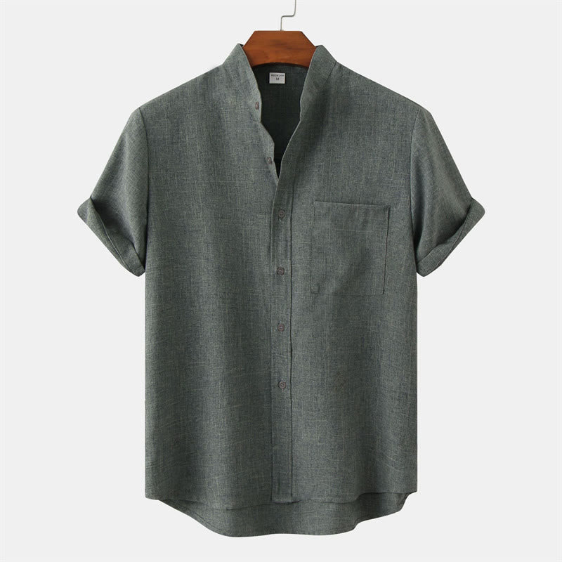 Camicia da uomo estiva Buddha Stones con bottoni e maniche corte in cotone e lino con tasca