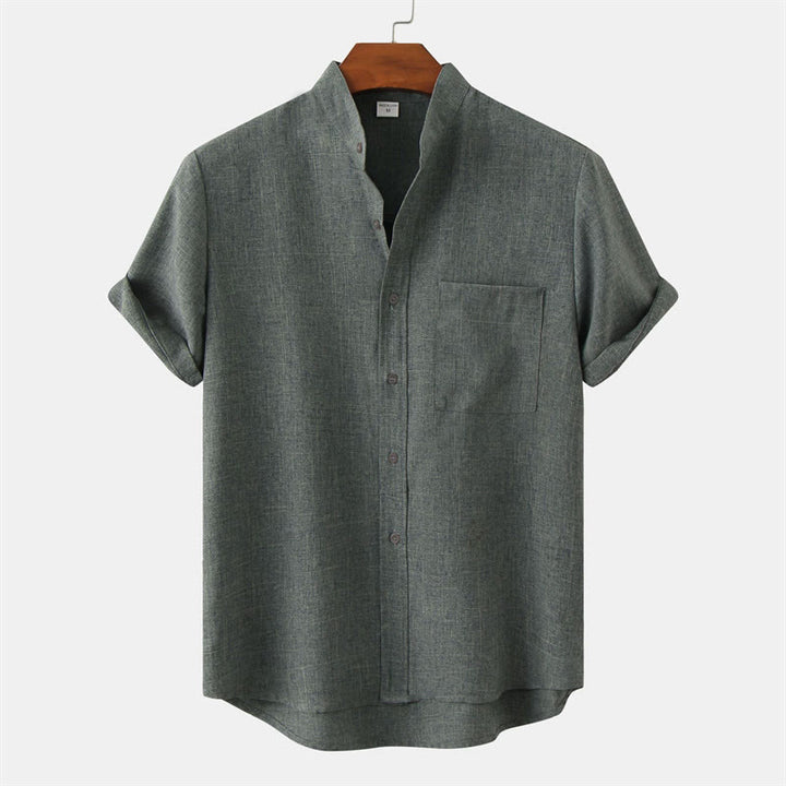 Camicia da uomo estiva Buddha Stones con bottoni e maniche corte in cotone e lino con tasca