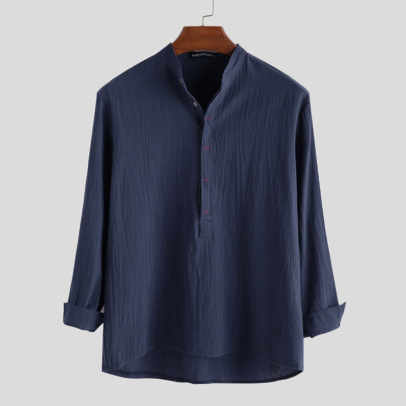 Camicie da uomo in cotone e lino a maniche lunghe con bottoni a tinta unita e Buddha Stones - SteelBlue - US/UK/AU42, EU52 (3XL) - image 4