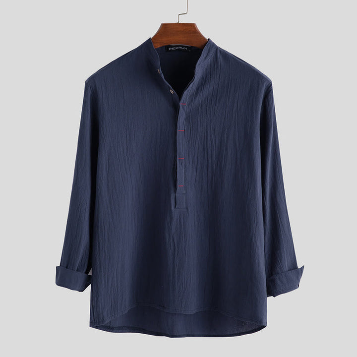 Camicie da uomo in cotone e lino a maniche lunghe con bottoni a tinta unita e Buddha Stones - SteelBlue - US/UK/AU42, EU52 (3XL) - image 4