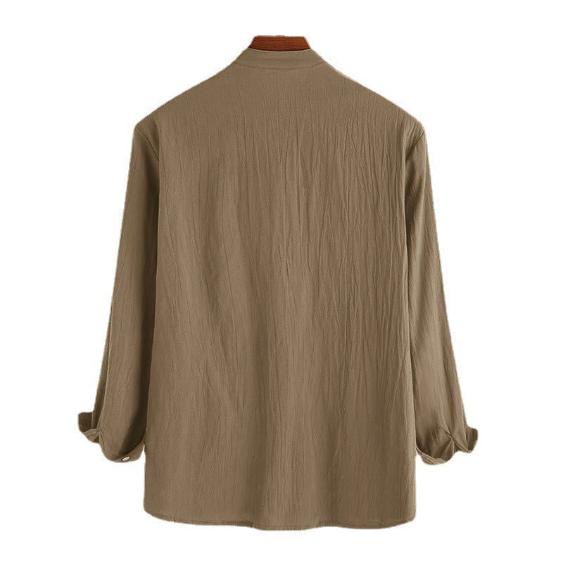 Camicia da uomo a maniche lunghe in cotone con bottoni a mezzo busto e stampa Buddha Stones, tinta unita. - image 8