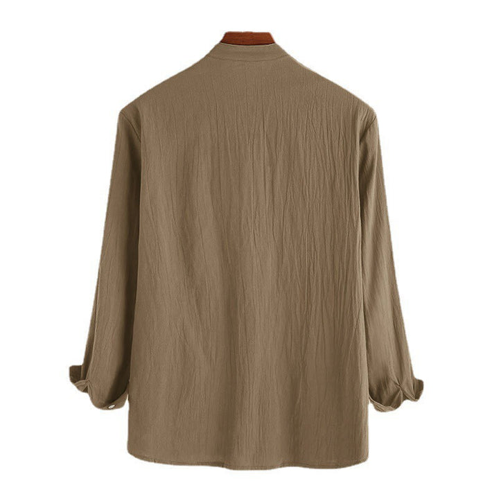 Camicia da uomo a maniche lunghe in cotone con bottoni a mezzo busto e stampa Buddha Stones, tinta unita. - image 8