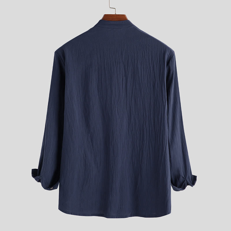 Camicia da uomo a maniche lunghe in cotone con bottoni a mezzo busto e stampa Buddha Stones, tinta unita. - image 5