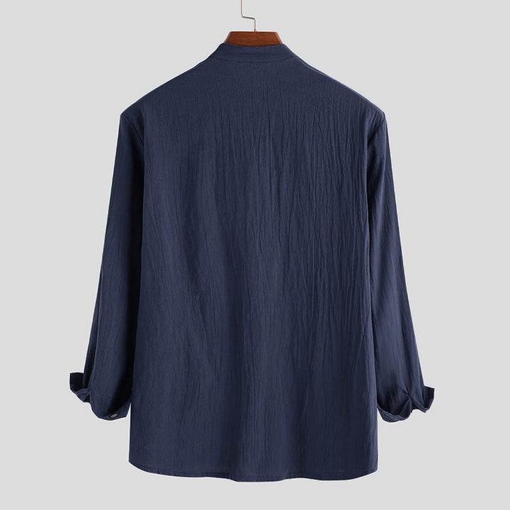 Camicia da uomo a maniche lunghe in cotone con bottoni a mezzo busto e stampa Buddha Stones, tinta unita. - image 5