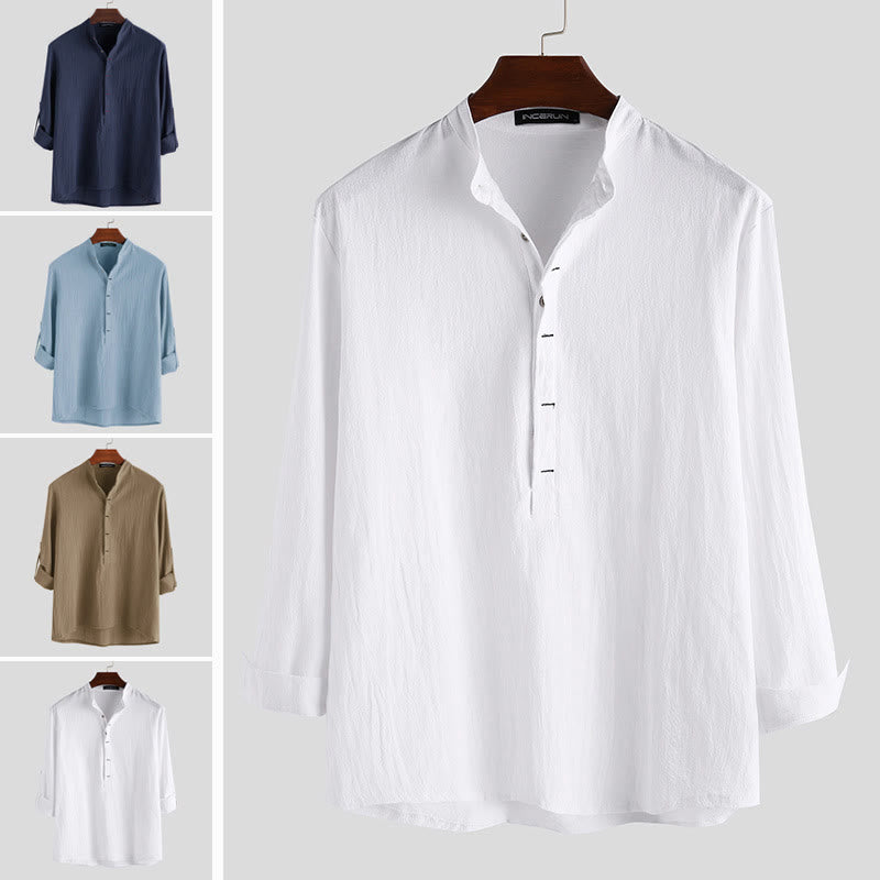 Camicia da uomo a maniche lunghe in cotone con bottoni a mezzo busto e stampa Buddha Stones, tinta unita. - image 1