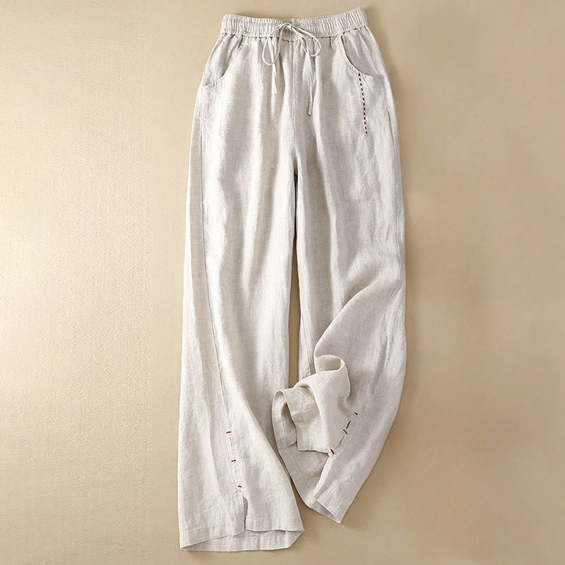 Pantaloni a gamba larga da donna in lino di cotone con coulisse, con tasche, casual, estivi, tinta unita, ricamo Buddha Stones - Gainsboro - US12, UK/AU16, EU44 (3XL) - image 0