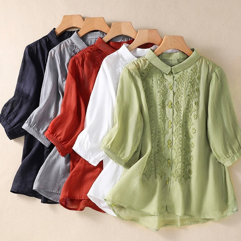 Camicia da donna in cotone e lino con risvolto, manica a tre quarti, motivo floreale, Buddha Stones - image 32