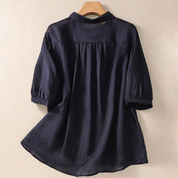 Camicia da donna in cotone e lino con risvolto, manica a tre quarti, motivo floreale, Buddha Stones - image 27