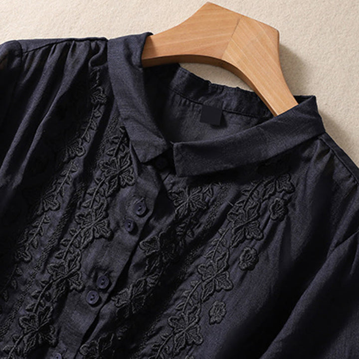 Camicia da donna in cotone e lino con risvolto, manica a tre quarti, motivo floreale, Buddha Stones - image 28