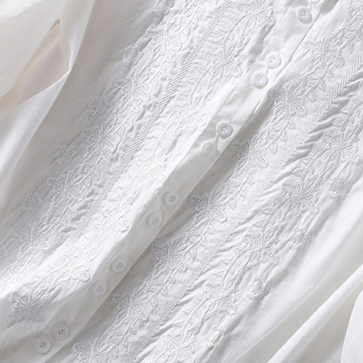 Camicia da donna in cotone e lino con risvolto, manica a tre quarti, motivo floreale, Buddha Stones - image 10