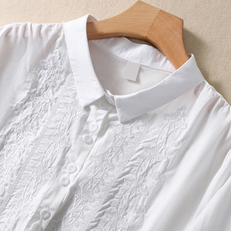 Camicia da donna in cotone e lino con risvolto, manica a tre quarti, motivo floreale, Buddha Stones - image 7