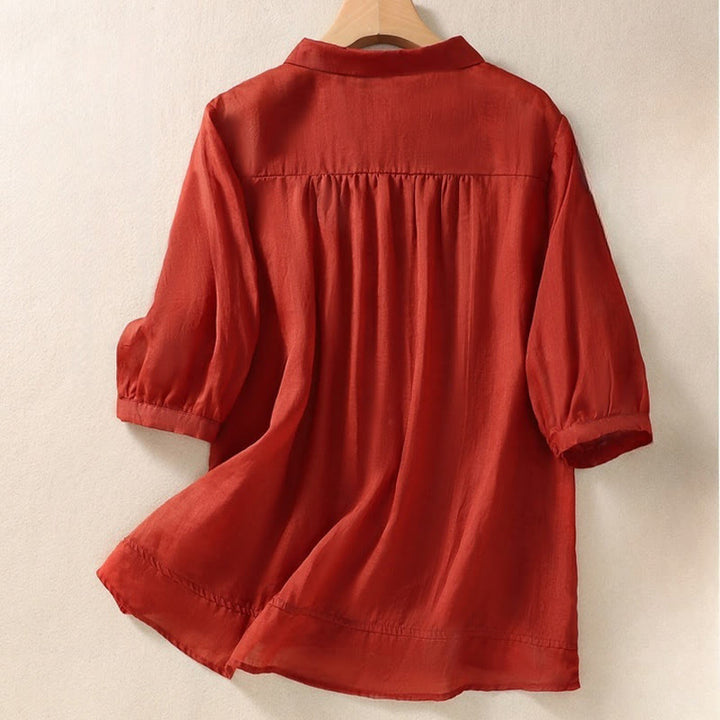 Camicia da donna in cotone e lino con risvolto, manica a tre quarti, motivo floreale, Buddha Stones - image 20