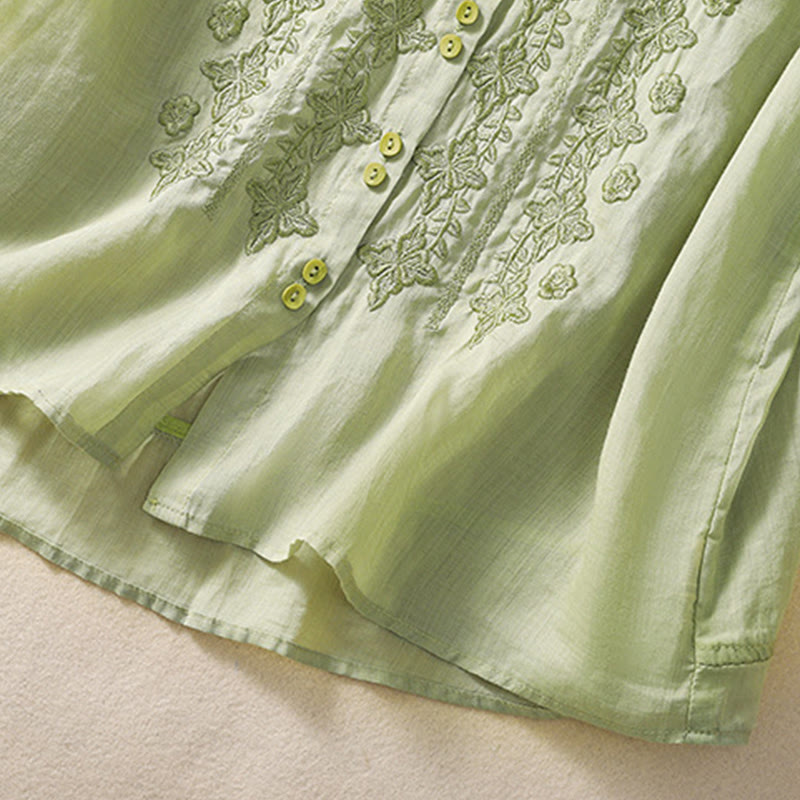 Camicia da donna in cotone e lino con risvolto, manica a tre quarti, motivo floreale, Buddha Stones - image 4