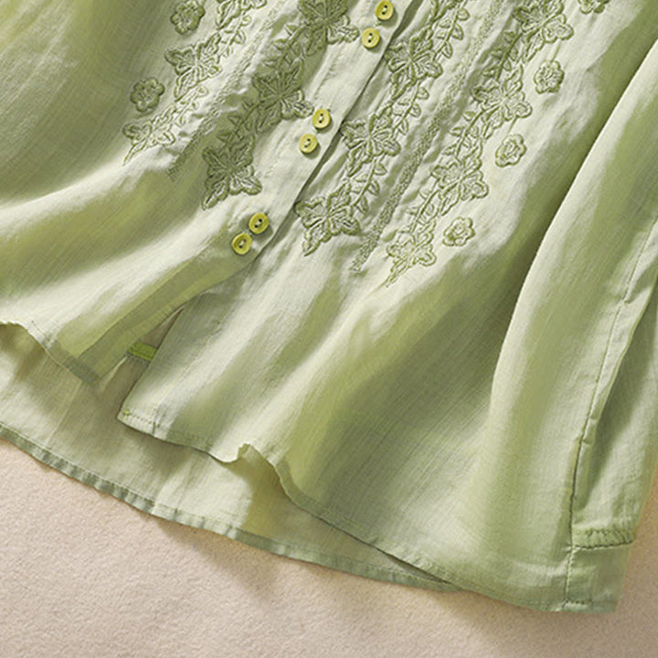 Camicia da donna in cotone e lino con risvolto, manica a tre quarti, motivo floreale, Buddha Stones - image 4