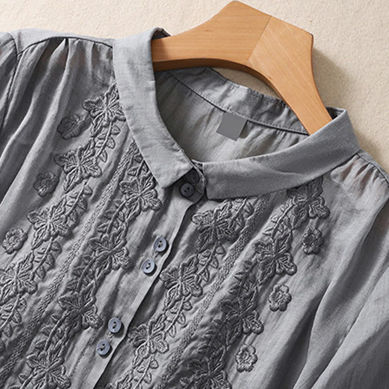 Camicia da donna in cotone e lino con risvolto, manica a tre quarti, motivo floreale, Buddha Stones - image 15