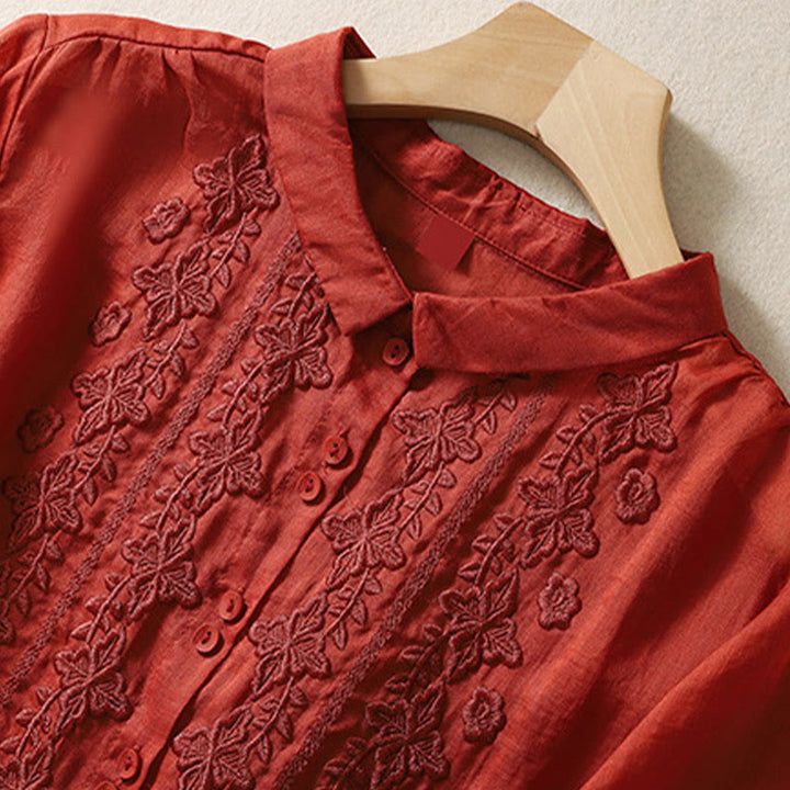 Camicia da donna in cotone e lino con risvolto, manica a tre quarti, motivo floreale, Buddha Stones - image 21