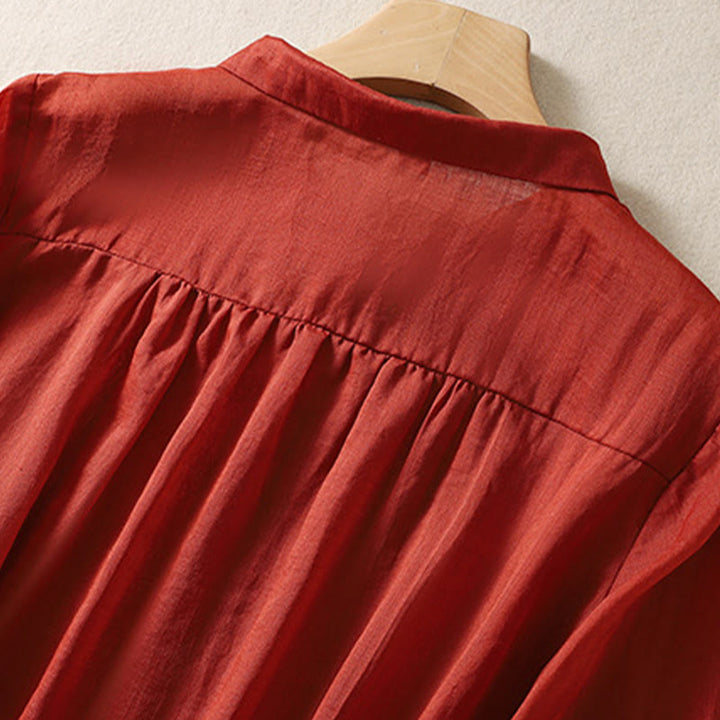 Camicia da donna in cotone e lino con risvolto, manica a tre quarti, motivo floreale, Buddha Stones - image 22