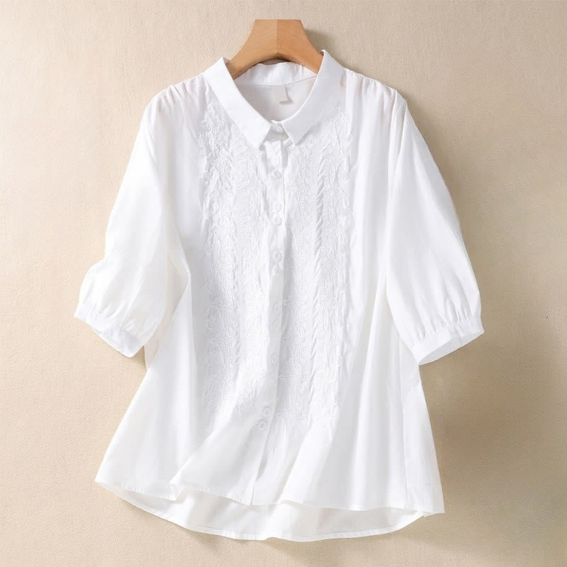 Camicia da donna in cotone e lino con risvolto, manica a tre quarti, motivo floreale, Buddha Stones - Bianco - US12, UK/AU16, EU44 (2XL) - image 5