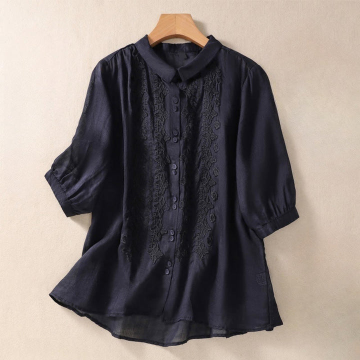 Camicia da donna in cotone e lino con risvolto, manica a tre quarti, motivo floreale, Buddha Stones - Nero - US12, UK/AU16, EU44 (2XL) - image 26