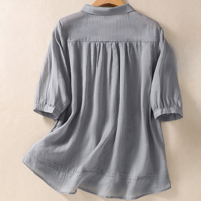 Camicia da donna in cotone e lino con risvolto, manica a tre quarti, motivo floreale, Buddha Stones - image 14