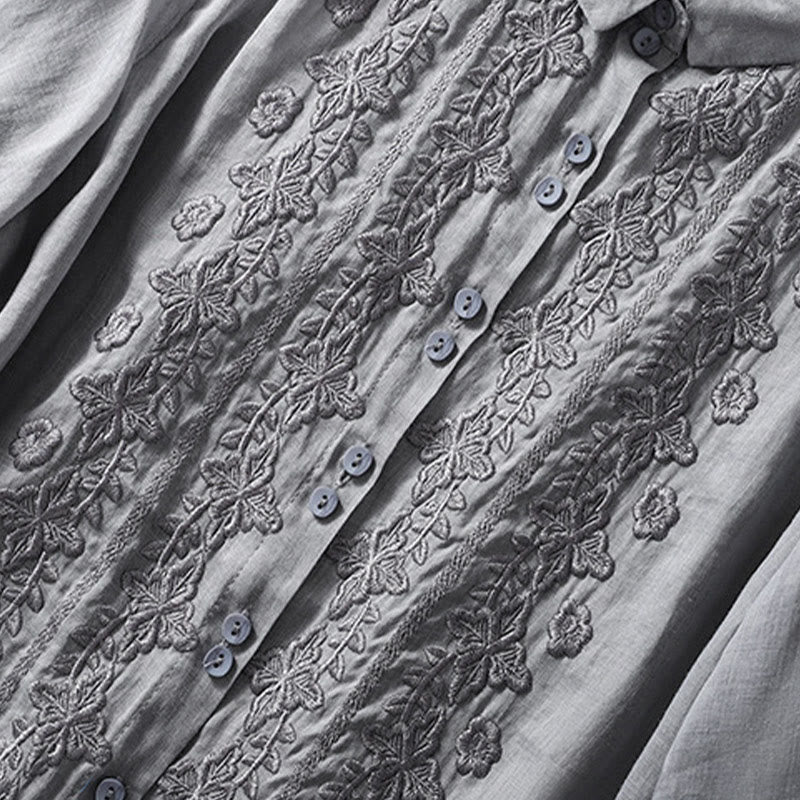 Camicia da donna in cotone e lino con risvolto, manica a tre quarti, motivo floreale, Buddha Stones - image 16