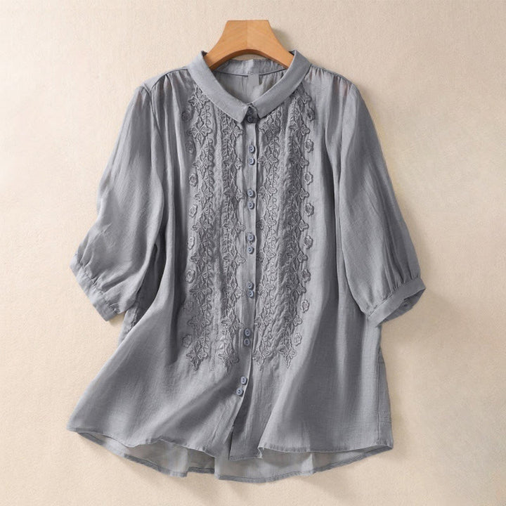 Camicia da donna in cotone e lino con risvolto, manica a tre quarti, motivo floreale, Buddha Stones - Grigio scuro - US12, UK/AU16, EU44 (2XL) - image 13